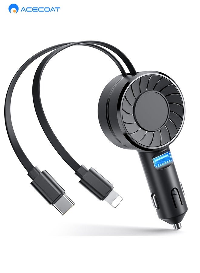 ACECOAT Retractable Car Charger, 3 in 1 Fast Charging Car Phone Charger 50W, Mini Car Adapter with 2 Connection Cables +1 Socket USB C Port Charger for Apple iPhone 15 Pro/Samsung/Android/Pixle, Black - Image 1
