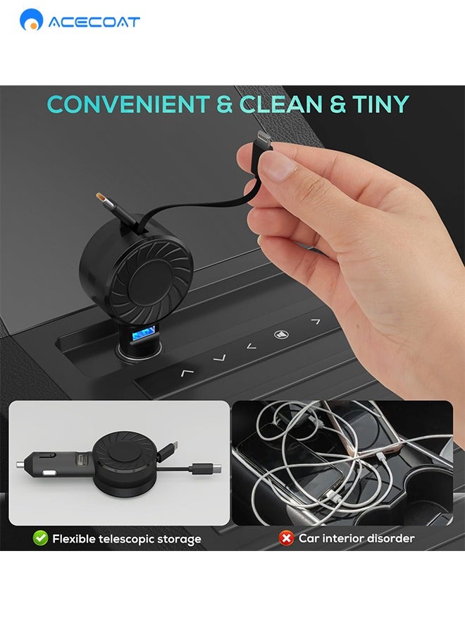 ACECOAT Retractable Car Charger, 3 in 1 Fast Charging Car Phone Charger 50W, Mini Car Adapter with 2 Connection Cables +1 Socket USB C Port Charger for Apple iPhone 15 Pro/Samsung/Android/Pixle, Black - Image 4