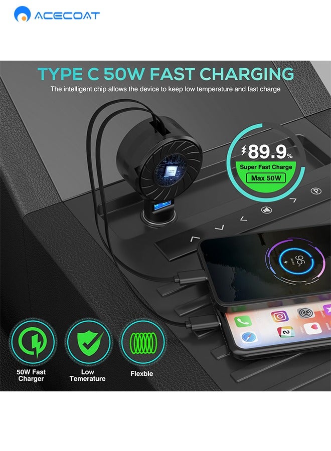 ACECOAT Retractable Car Charger, 3 in 1 Fast Charging Car Phone Charger 50W, Mini Car Adapter with 2 Connection Cables +1 Socket USB C Port Charger for Apple iPhone 15 Pro/Samsung/Android/Pixle, Black - Image 3