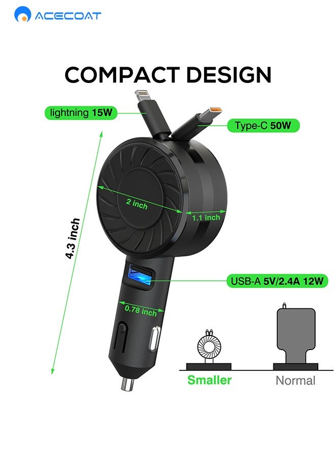 ACECOAT Retractable Car Charger, 3 in 1 Fast Charging Car Phone Charger 50W, Mini Car Adapter with 2 Connection Cables +1 Socket USB C Port Charger for Apple iPhone 15 Pro/Samsung/Android/Pixle, Black - Image 5