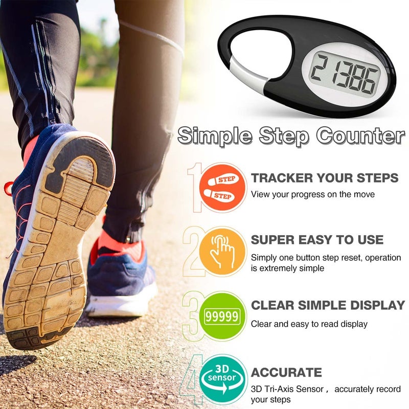synwoo Simple 3D Step Counter, Walking Pedometer, Steps Tracker with Neck Lanyard/Carabiner for Men Women Teens Adults Seniors (Black) - Image 2