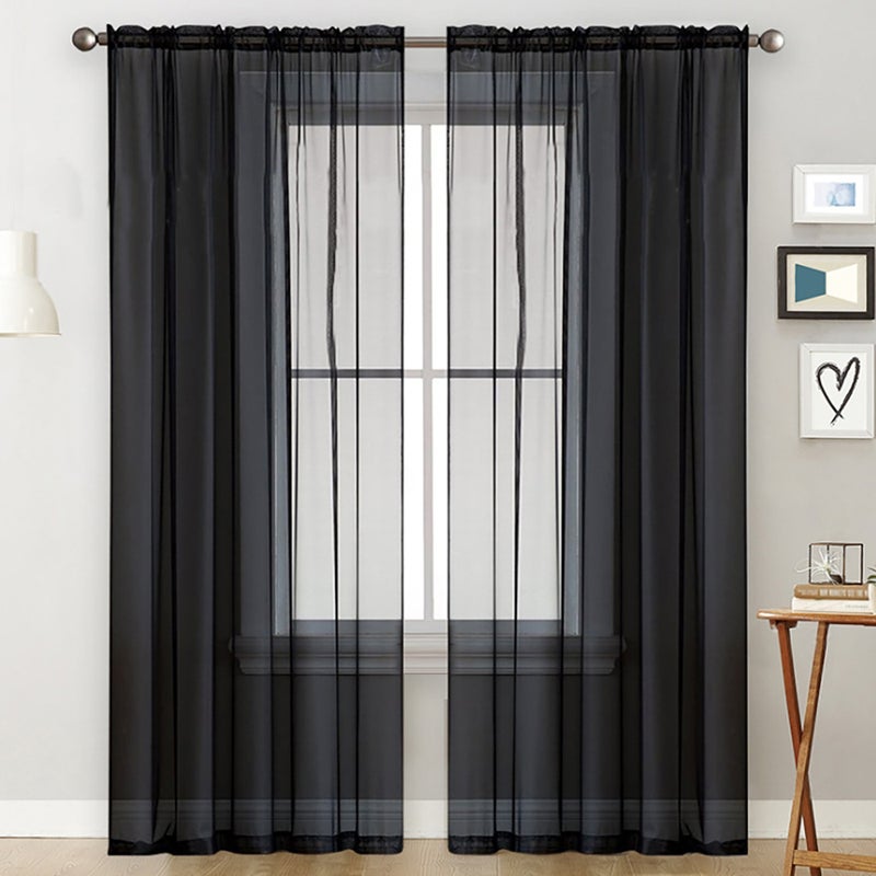 Sheer Curtains Living Room Rod Pocket Window Curtain Panels Bedroom Semi Sheer Voile Curtains Black (55''Wx102''L,2 Panels) - Image 1