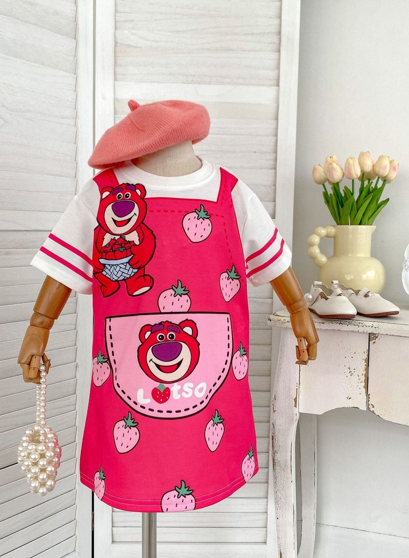 Summer Girls Cartoon Fake Two-Piece T-Shirt Dress- 120cm - Image 1