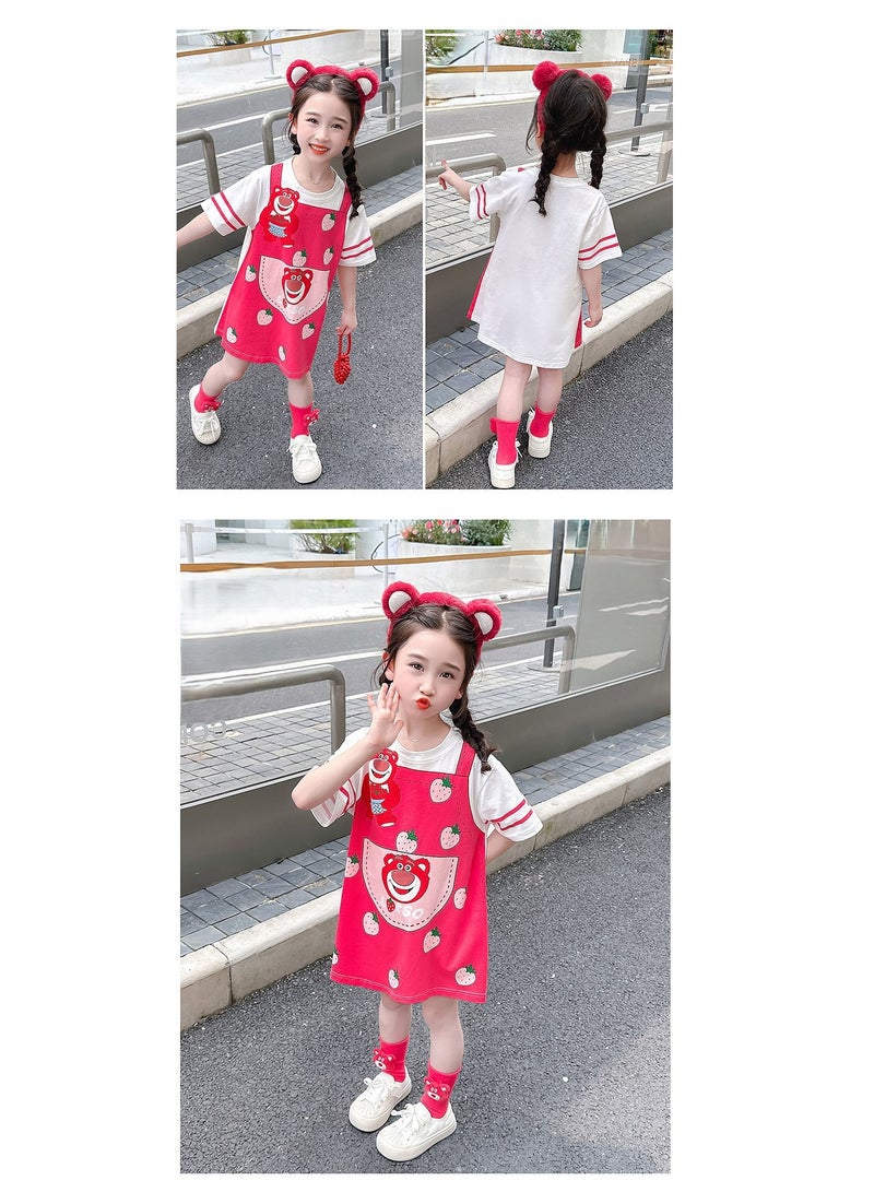 Summer Girls Cartoon Fake Two-Piece T-Shirt Dress- 120cm - Image 2