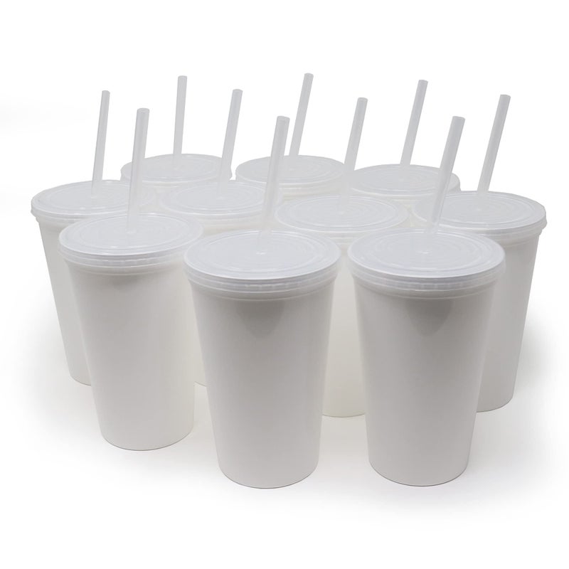 Rolling Sands 22oz Reusable Plastic Stadium White Cups with Lids 10 Pack USA Made Plastic Tumblers and Lids Includes 10 Reusable Straws Top Shelf Dishwasher