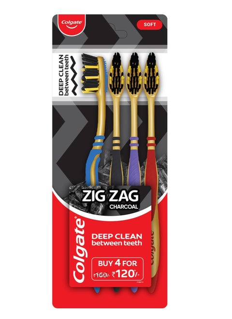 Colgate ZigZag Charcoal Soft Toothbrush pack of 4 multicolor