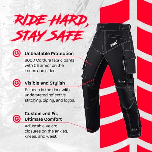 HWK Motorcycle Pants for Men and Women with Water Resistant Cordura Textile Fabric for Enduro Motocross Motorbike Riding & Impact Armor, Dual Sport Motorcycle Pants with 42"-44" Waist, 32" Inseam - Image 2
