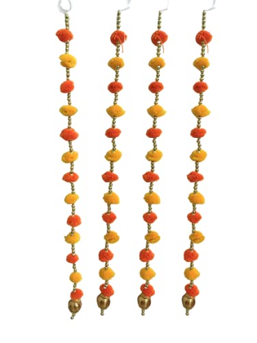 Aahum Handmade Wall Door Yellow & Orange Color Pom PomStringT oran Golden Beads Hanging Torans Garland Bandhwar Decoration Item for Home Décor Diwali Festival,Navratri,Wedding(1FT 4Strings) - Image 1