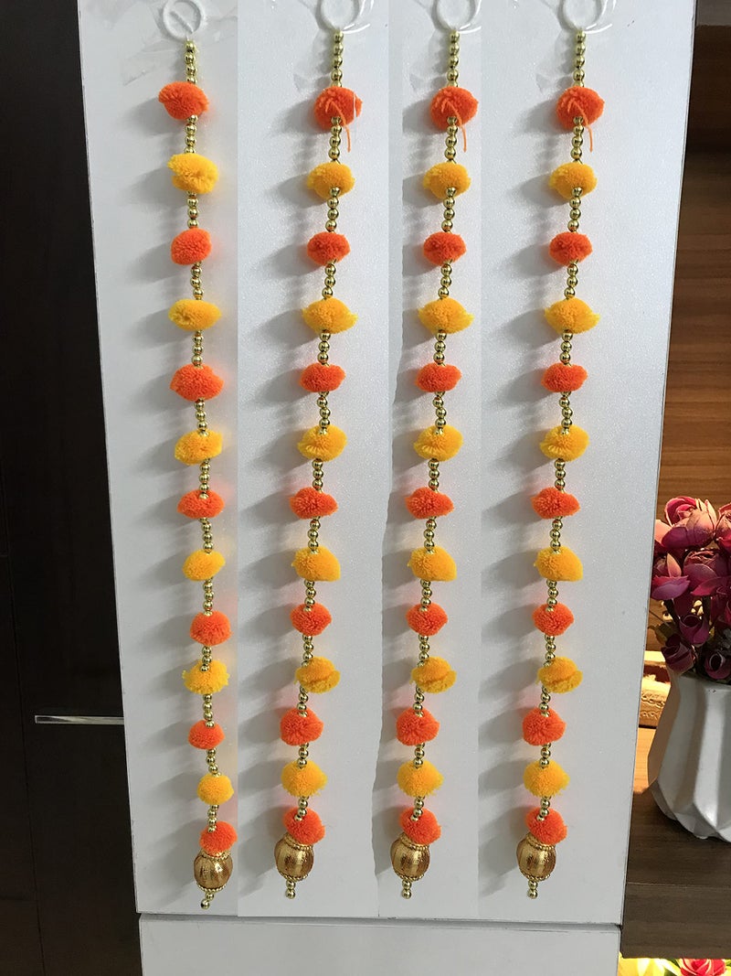 Aahum Handmade Wall Door Yellow & Orange Color Pom PomStringT oran Golden Beads Hanging Torans Garland Bandhwar Decoration Item for Home Décor Diwali Festival,Navratri,Wedding(1FT 4Strings) - Image 3