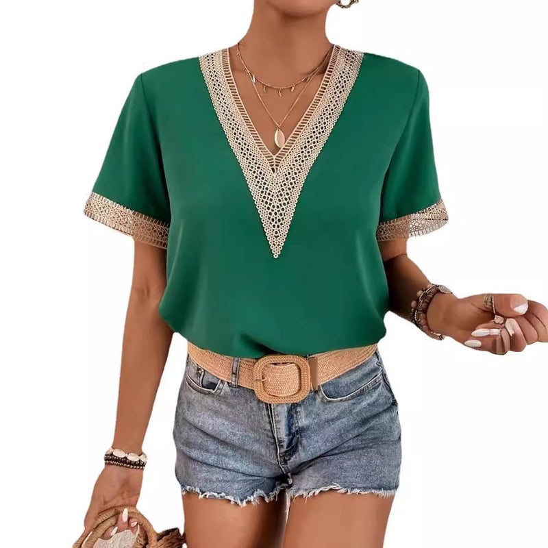 Women's Lace Trim Short Sleeve T-Shirt - Image 5