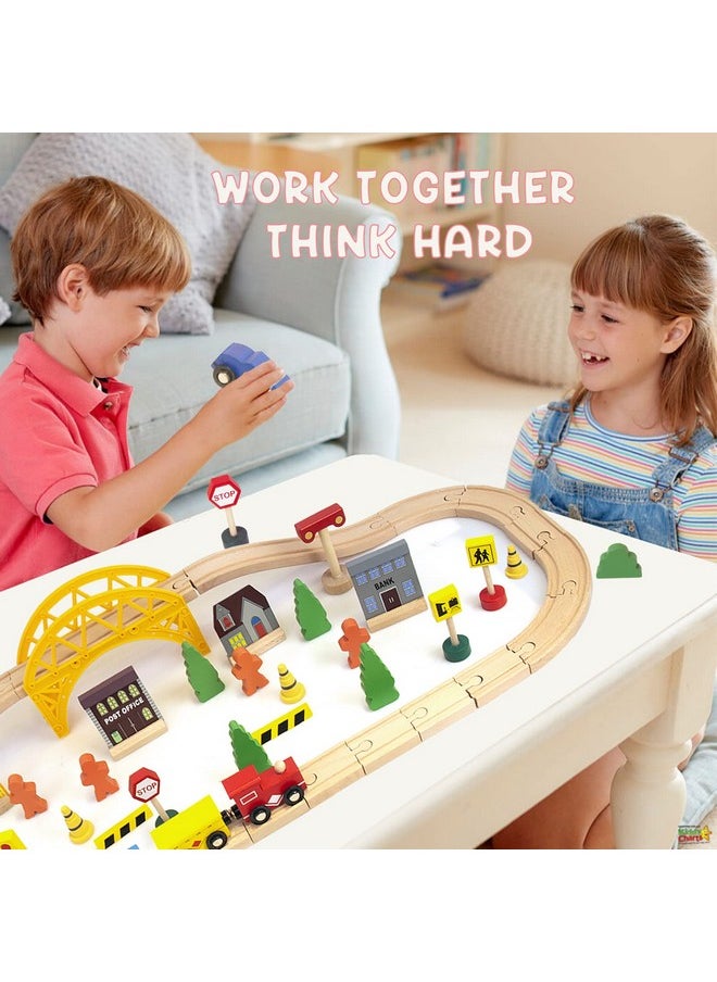 KIDS TOYLAND 60Pcs Train Set for 3 Year Old Boys, Double-Side Wooden Train Set Tracks for Toddlers, Fits Brio, Thomas, Melissa and Doug, Kids Wood Train Toys for 3 4 5 Year Old Boys and Girls (Yellow)  - Image 5