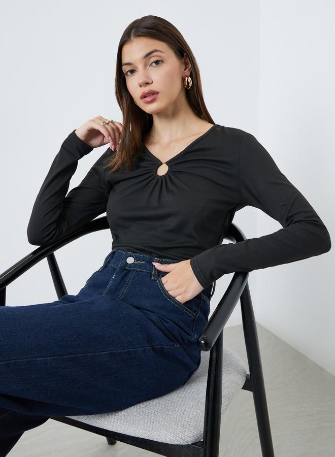 Styli Black Keyhole Detail Fitted Knit Top - Image 1
