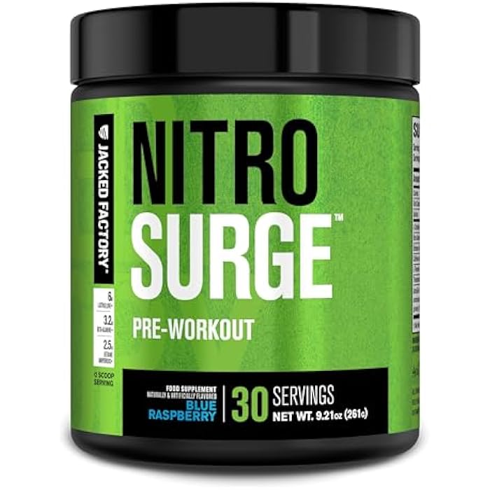 Jacked Factory NITROSURGE Pre Workout Supplement - Energy Booster, Instant Strength Gains, Clear Focus & Intense Pumps - NO Booster & Powerful Preworkout Energy Powder - 30 Servings, Blue Raspberry - Image 1
