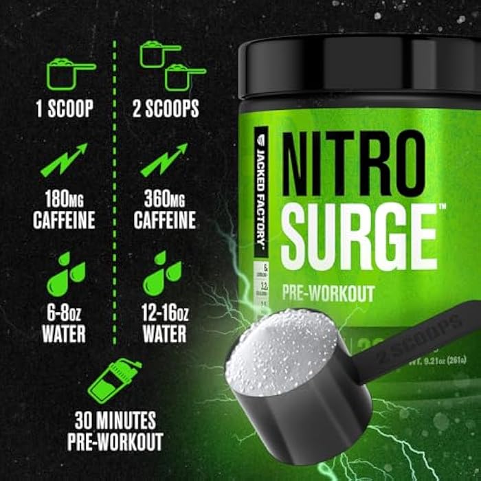 Jacked Factory NITROSURGE Pre Workout Supplement - Energy Booster, Instant Strength Gains, Clear Focus & Intense Pumps - NO Booster & Powerful Preworkout Energy Powder - 30 Servings, Blue Raspberry - Image 4