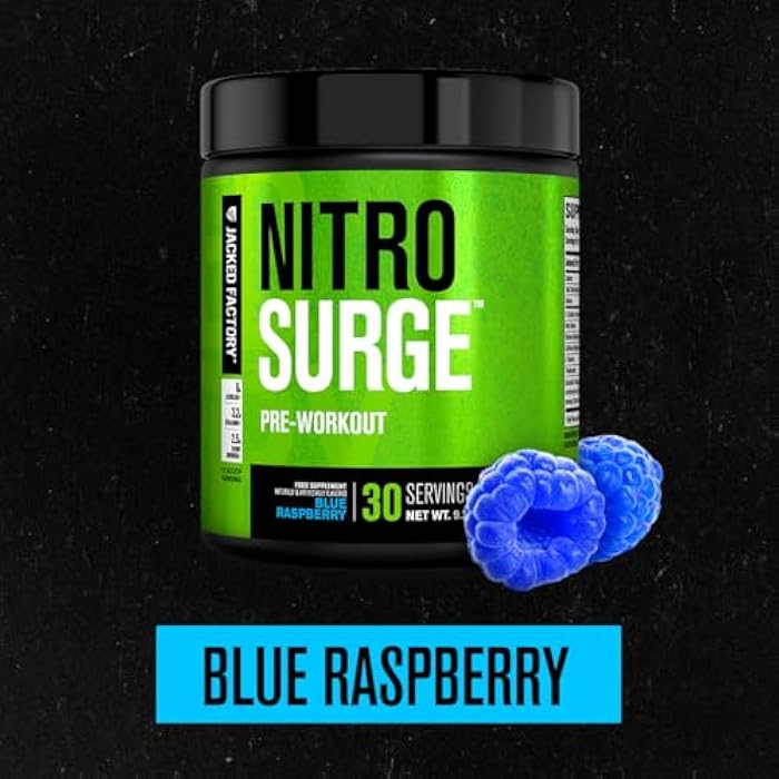 Jacked Factory NITROSURGE Pre Workout Supplement - Energy Booster, Instant Strength Gains, Clear Focus & Intense Pumps - NO Booster & Powerful Preworkout Energy Powder - 30 Servings, Blue Raspberry - Image 2