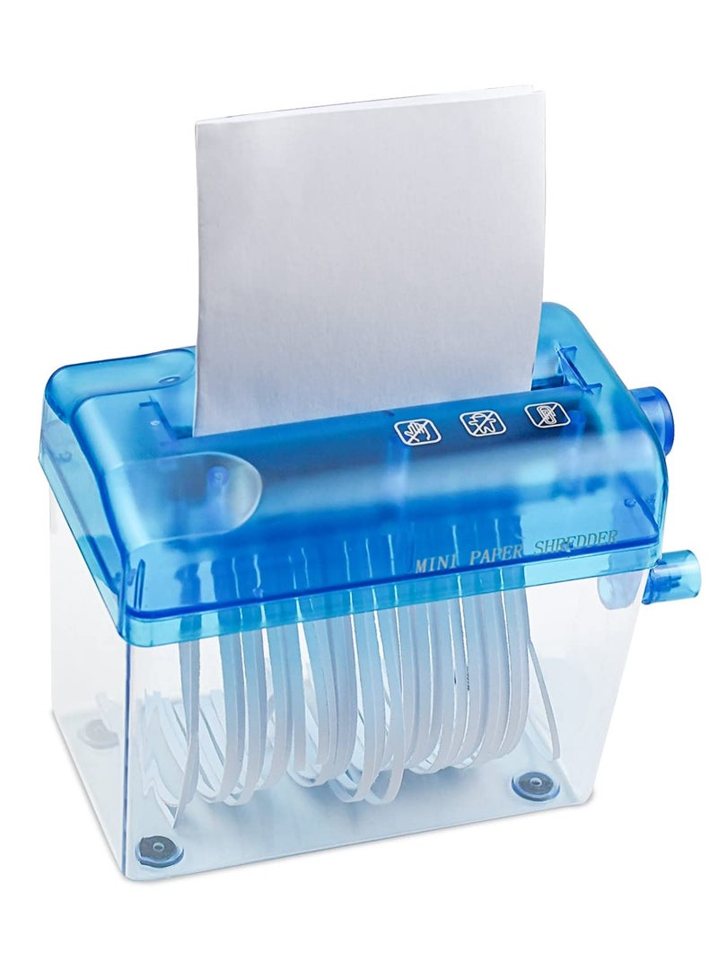 Mini Hand Shredder, Portable Paper Shredder Manual Shredder, Documents Paper Cutting Tool Home Office Desktop Stationery Birthday Gift, with 1L Transparent Plastic Window Bin (Blue) - Image 1