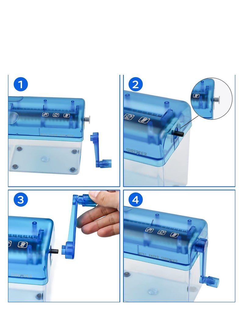 Mini Hand Shredder, Portable Paper Shredder Manual Shredder, Documents Paper Cutting Tool Home Office Desktop Stationery Birthday Gift, with 1L Transparent Plastic Window Bin (Blue) - Image 2