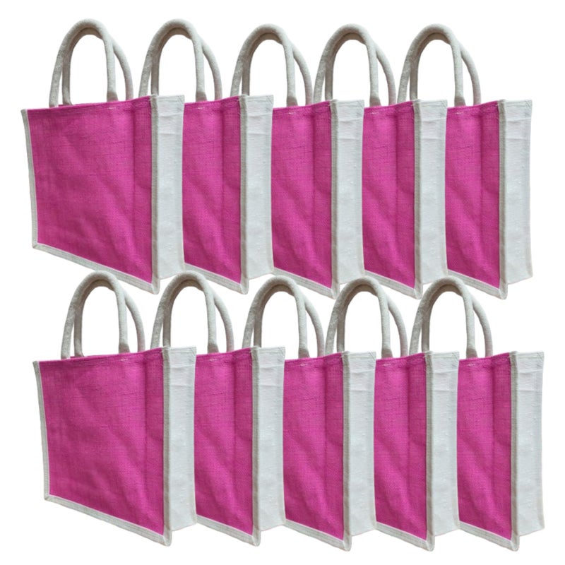 Handmakers Handmaker Pink & White Jute Bags for Return Gift Bags | A4 Size Bag for Wedding Gift Bags (12X12X5inch) (Pack of 10) - Image 1