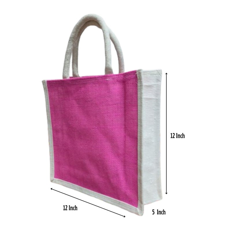 Handmakers Handmaker Pink & White Jute Bags for Return Gift Bags | A4 Size Bag for Wedding Gift Bags (12X12X5inch) (Pack of 10) - Image 3