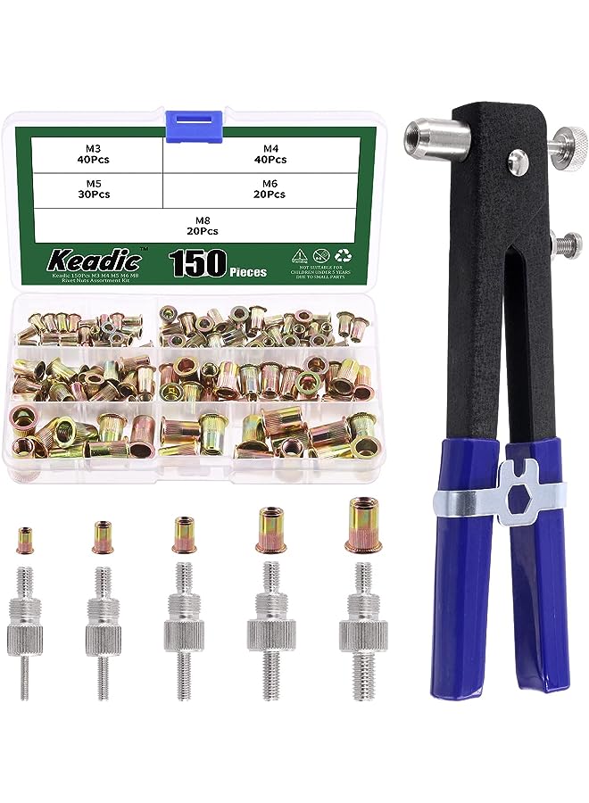 Keadic 156Pcs Heavy Duty Hand Rivet Tool Nut Setter Kit Contains Nutsert Tool with 5pc Metric Interchangeable Mandrels and 100Pcs M3/M4/M5/M6/M8 Threaded Rivnuts for automotive Furniture - Image 1