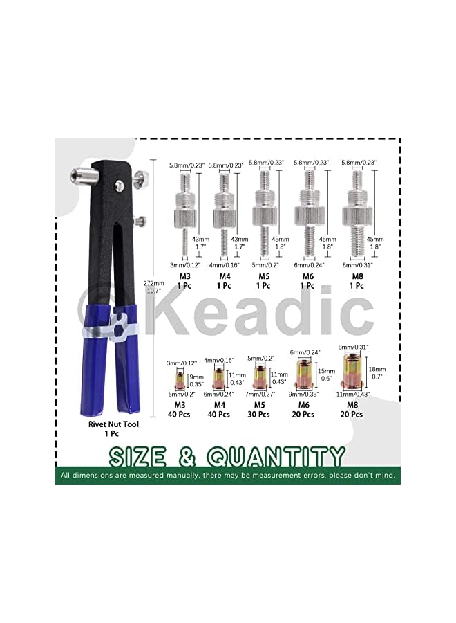 Keadic 156Pcs Heavy Duty Hand Rivet Tool Nut Setter Kit Contains Nutsert Tool with 5pc Metric Interchangeable Mandrels and 100Pcs M3/M4/M5/M6/M8 Threaded Rivnuts for automotive Furniture - Image 3