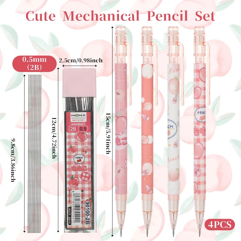 Molain 4 Pcs Mechanical Pencil Set, Peach Mechanical Pencils with Tubes 0.5 mm Pencil Refills First Day of School Supplies Back to School Gift for Kids Student Girls Writing Drawing Sketching - Image 2