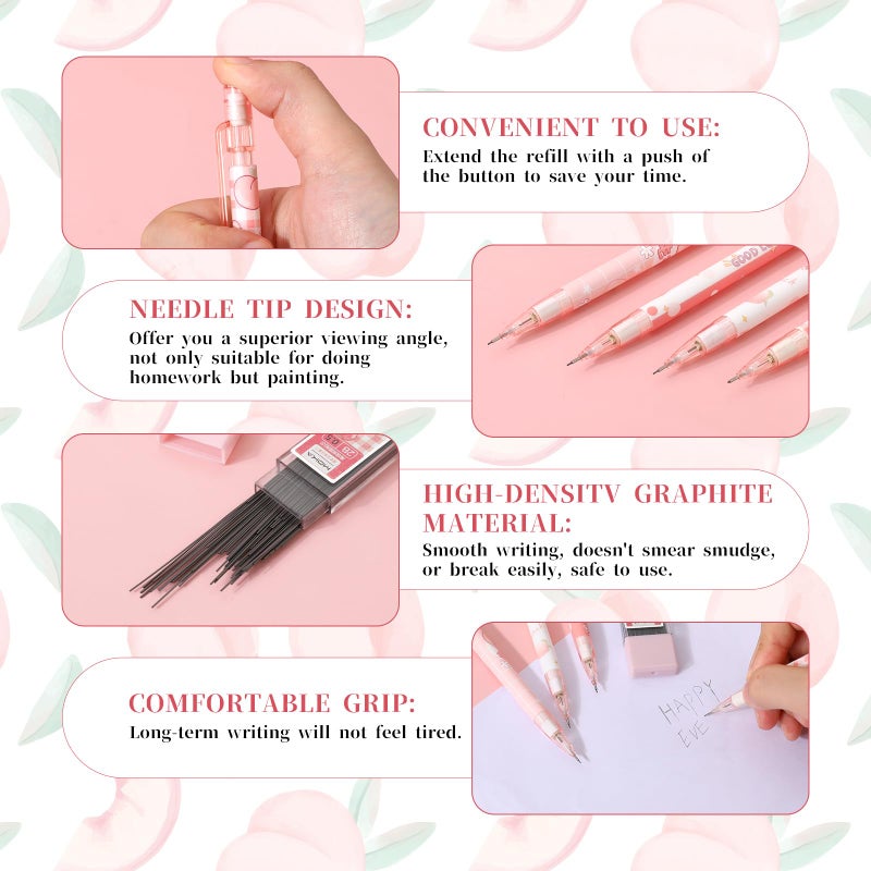 Molain 4 Pcs Mechanical Pencil Set, Peach Mechanical Pencils with Tubes 0.5 mm Pencil Refills First Day of School Supplies Back to School Gift for Kids Student Girls Writing Drawing Sketching - Image 3