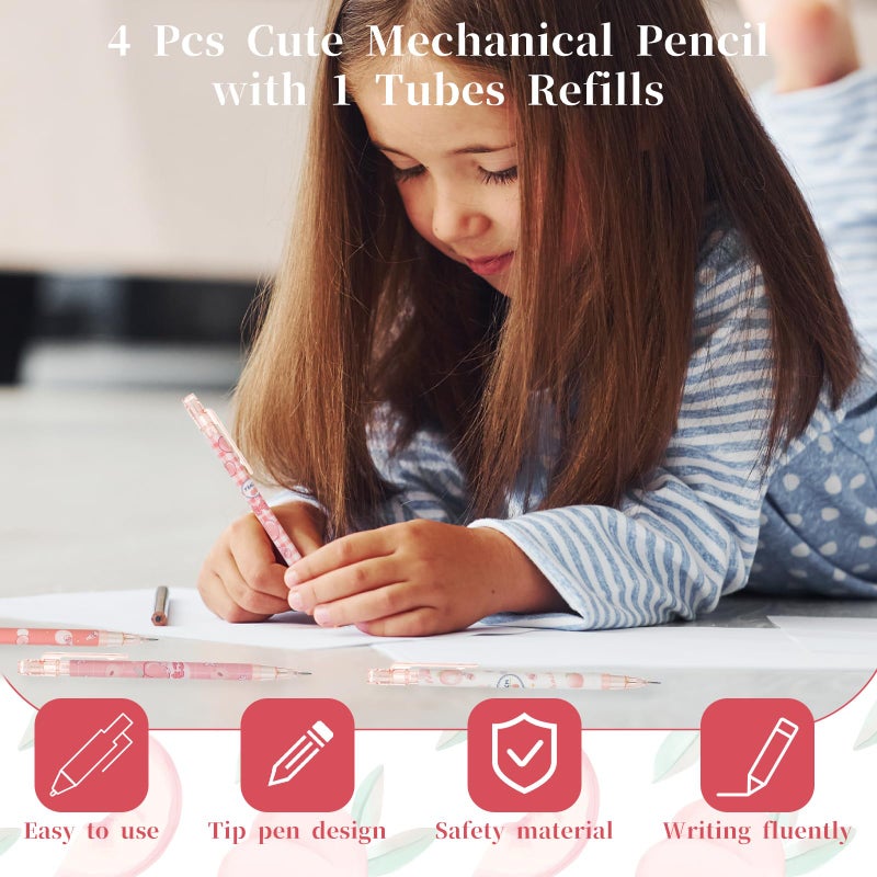 Molain 4 Pcs Mechanical Pencil Set, Peach Mechanical Pencils with Tubes 0.5 mm Pencil Refills First Day of School Supplies Back to School Gift for Kids Student Girls Writing Drawing Sketching - Image 4