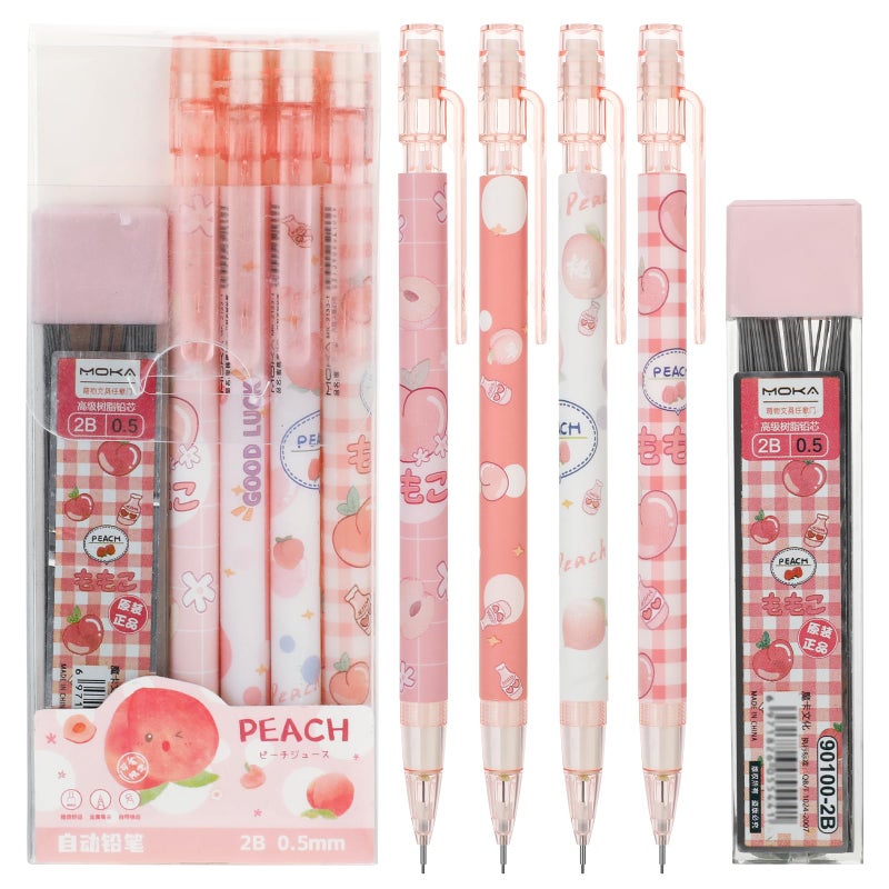 Molain 4 Pcs Mechanical Pencil Set, Peach Mechanical Pencils with Tubes 0.5 mm Pencil Refills First Day of School Supplies Back to School Gift for Kids Student Girls Writing Drawing Sketching - Image 1