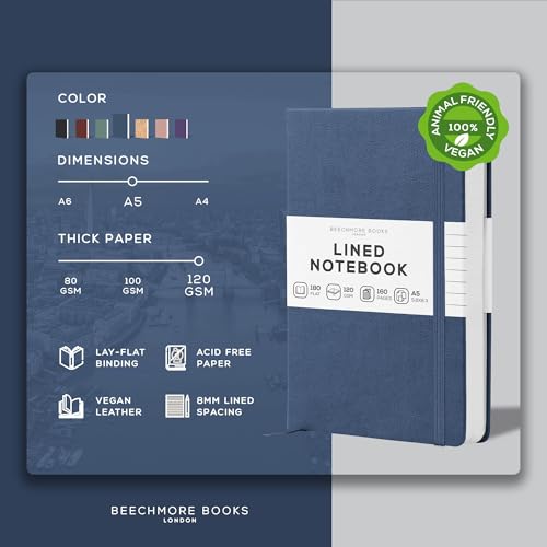 BEECHMORE BOOKS Lined Journal Notebook, 5.8 x 8.3 inch, A5 160 Lined Pages, Hardcover Leather Journals for Women, Men, Writing and Notebooks for Work - 120 GSM Thick Paper, Gifts Box Included - Image 2