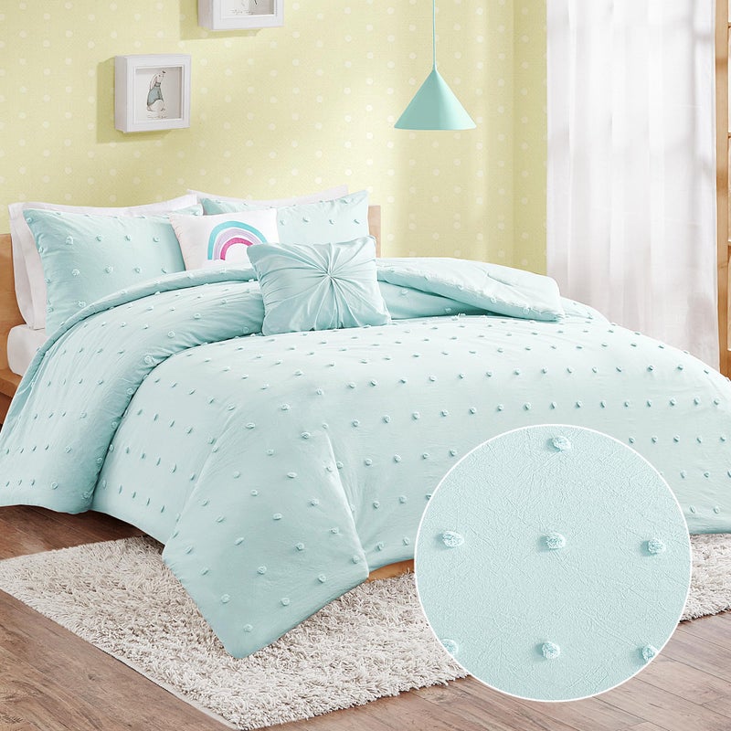 Urban Habitat Kids Urban Habitat Kids Callie Cotton Jacquard Weave Colorful Pom Pom Kids Comforter sets Down Alternative Shabby Chic All Season Girls Bedding Bedroom Decor FullQueenAqua 5 Piece 