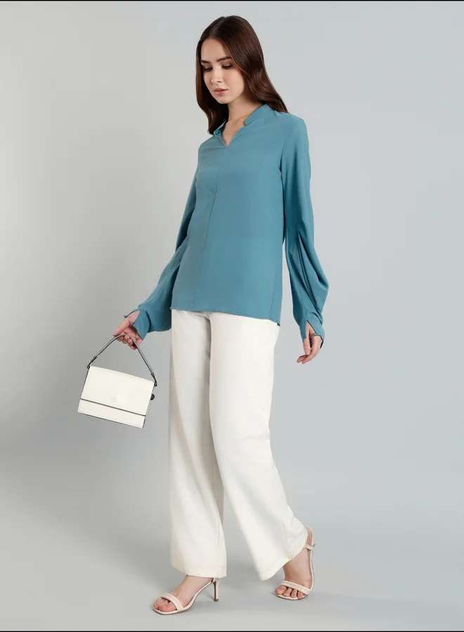 Mish Mish Solid Balloon Sleeve Mandarin Collar Blouse