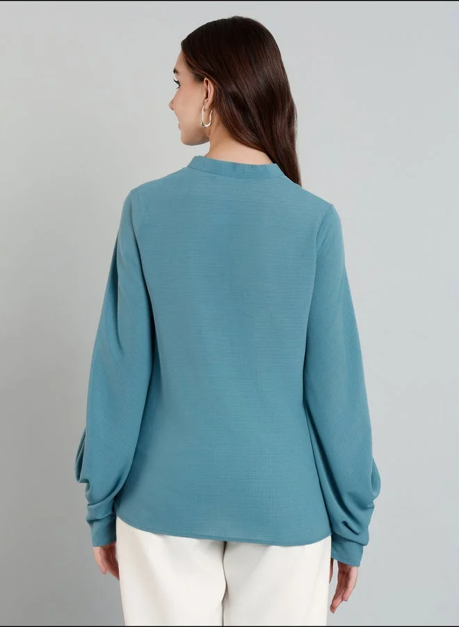 Mish  Mish Solid Balloon Sleeve Mandarin Collar Blouse for Women | Best Price UAE