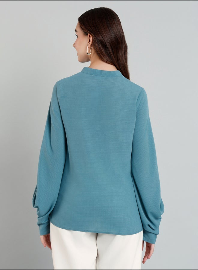 ميش بلوزة ميش بأكمام بالون وياقة ماندرين - Image 5