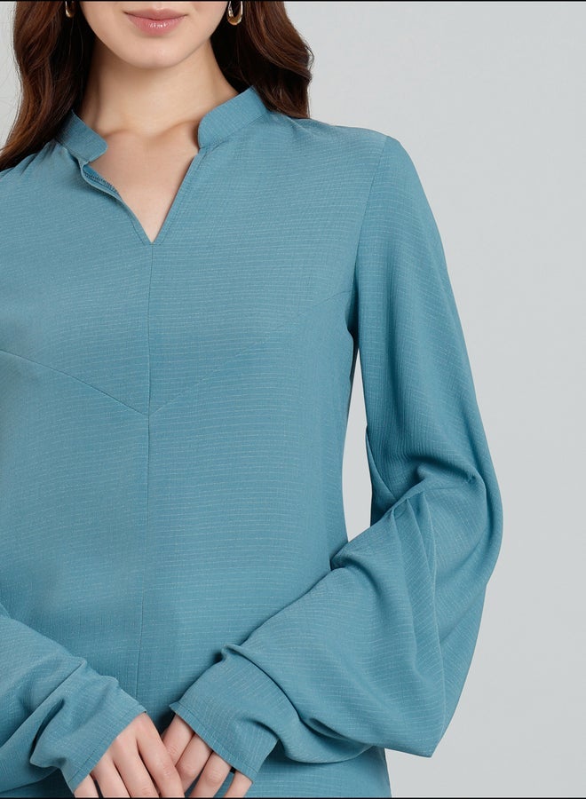 ميش بلوزة ميش بأكمام بالون وياقة ماندرين - Image 2