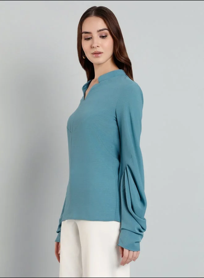 Mish  Mish Solid Balloon Sleeve Mandarin Collar Blouse for Women | Best Price UAE