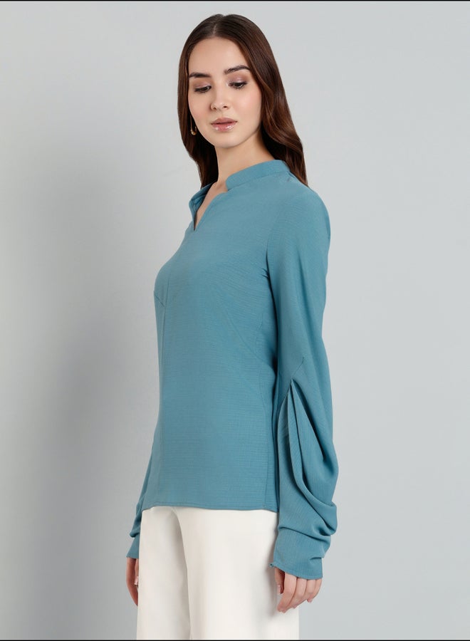 ميش بلوزة ميش بأكمام بالون وياقة ماندرين - Image 4