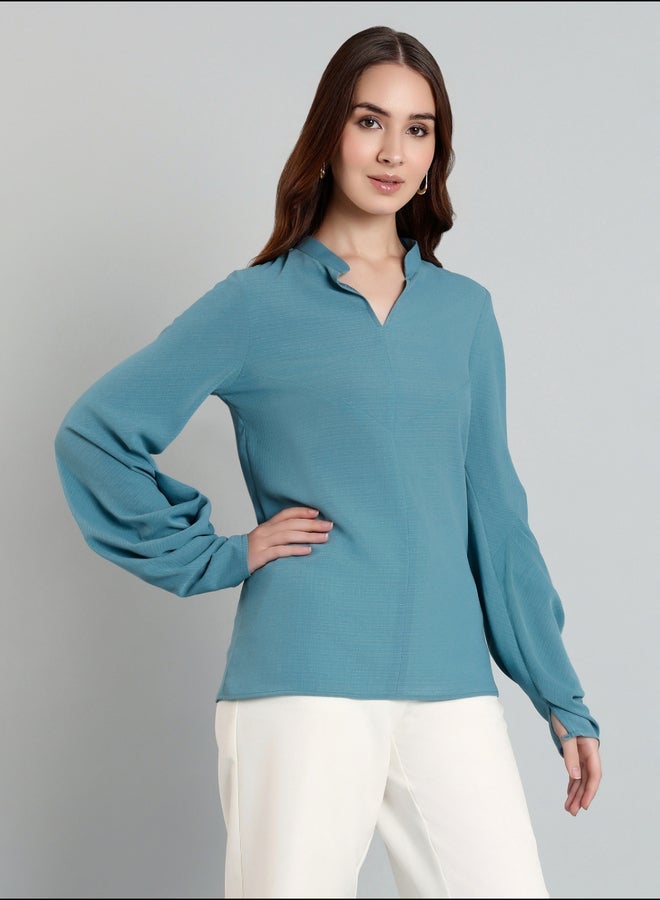 ميش بلوزة ميش بأكمام بالون وياقة ماندرين - Image 1