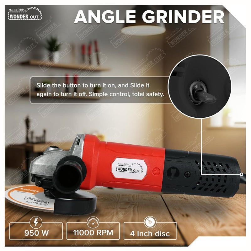 WONDERCUT Angle Grinder WC-AG810-R, 950W Heavy Duty, Copper Armature, Disc Dia 100mm, 11000 RPM with Cutting Wheel and Guard - Image 2