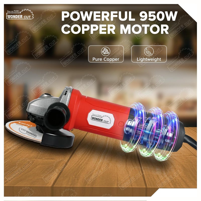WONDERCUT Angle Grinder WC-AG810-R, 950W Heavy Duty, Copper Armature, Disc Dia 100mm, 11000 RPM with Cutting Wheel and Guard - Image 3