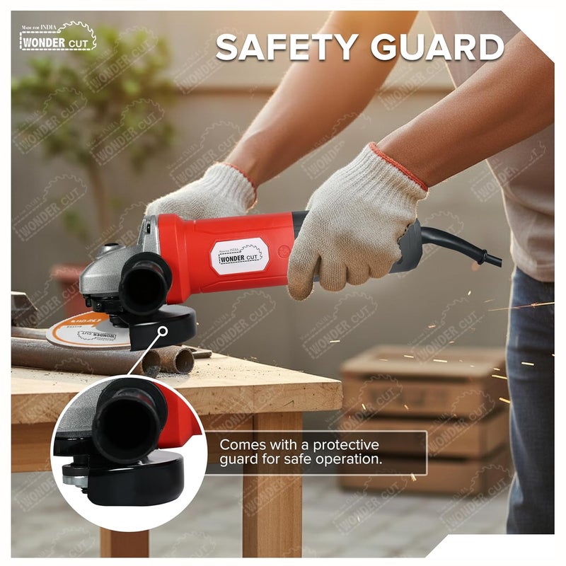 WONDERCUT Angle Grinder WC-AG810-R, 950W Heavy Duty, Copper Armature, Disc Dia 100mm, 11000 RPM with Cutting Wheel and Guard - Image 4