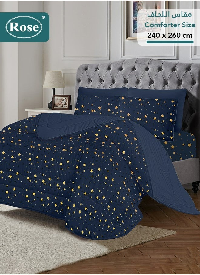 Rose - ROSE Flory Luxury with Stars Design Comforter, Made of Premium Microfiber, Set of 6 pieces, Soft Lightweight, King size 260x240 cm, Dark Blue - Image 1