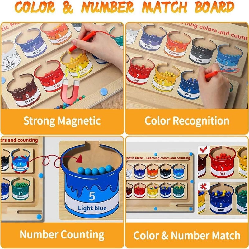 EDUTREE Montessori Wooden Magnetic Color and Counting Maze Toy for Kids Ages 3+, Includes Magnetic Stick, Acrylic Board, Colorful Beads and Sorting Jars - Educational Puzzle Game - Image 3