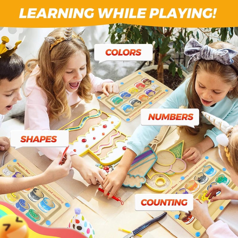 EDUTREE Montessori Wooden Magnetic Color and Counting Maze Toy for Kids Ages 3+, Includes Magnetic Stick, Acrylic Board, Colorful Beads and Sorting Jars - Educational Puzzle Game - Image 4