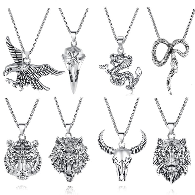 MAIBAOTA 8 Pcs Cool Pendant for Men, Gothic Bold Stainless Steel Necklace Set for Animal Lover(Dragon, Snake, Eagles, Raven Skull, Taurus Bull Head, Wolf, Lion, Tiger) Necklace Jewelry Set - Image 1