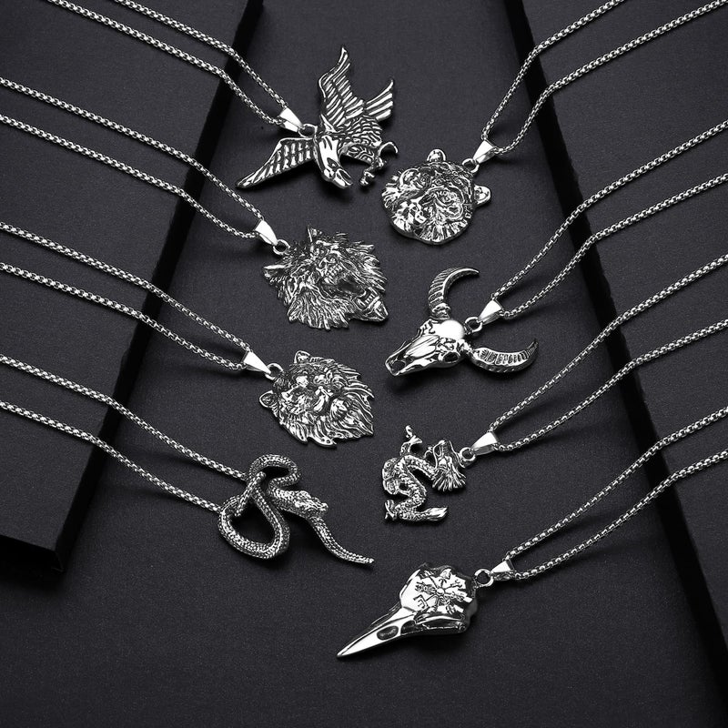 MAIBAOTA 8 Pcs Cool Pendant for Men, Gothic Bold Stainless Steel Necklace Set for Animal Lover(Dragon, Snake, Eagles, Raven Skull, Taurus Bull Head, Wolf, Lion, Tiger) Necklace Jewelry Set - Image 2