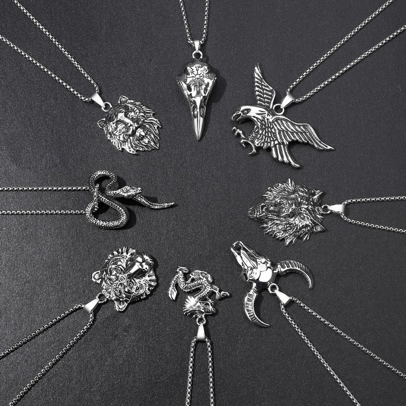 MAIBAOTA 8 Pcs Cool Pendant for Men, Gothic Bold Stainless Steel Necklace Set for Animal Lover(Dragon, Snake, Eagles, Raven Skull, Taurus Bull Head, Wolf, Lion, Tiger) Necklace Jewelry Set - Image 3