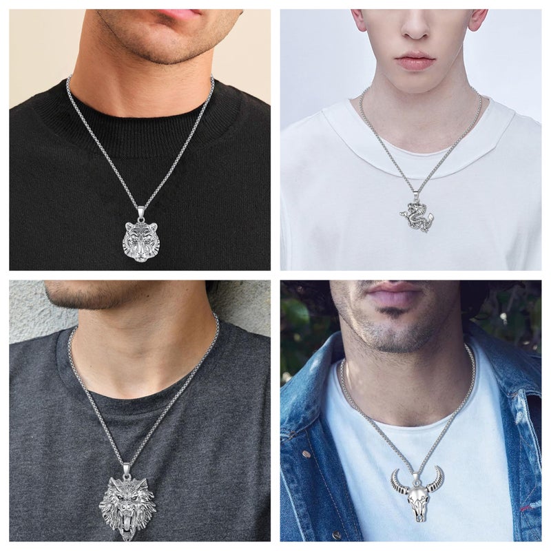 MAIBAOTA 8 Pcs Cool Pendant for Men, Gothic Bold Stainless Steel Necklace Set for Animal Lover(Dragon, Snake, Eagles, Raven Skull, Taurus Bull Head, Wolf, Lion, Tiger) Necklace Jewelry Set - Image 5
