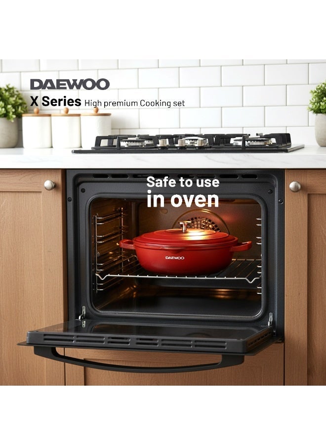 DAEWOO دايو 28 سم طاجن ضحل من الألمنيوم المصبوب مع غطاء، طلاء غير لاصق من حجر الجرانيت، قاعدة تحريض كاملة، آمن للاستخدام في الفرن، أحمر، خالي من المواد الكيميائية - Image 5