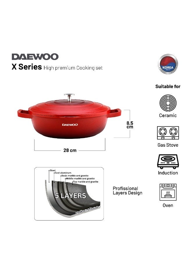 DAEWOO دايو 28 سم طاجن ضحل من الألمنيوم المصبوب مع غطاء، طلاء غير لاصق من حجر الجرانيت، قاعدة تحريض كاملة، آمن للاستخدام في الفرن، أحمر، خالي من المواد الكيميائية - Image 2